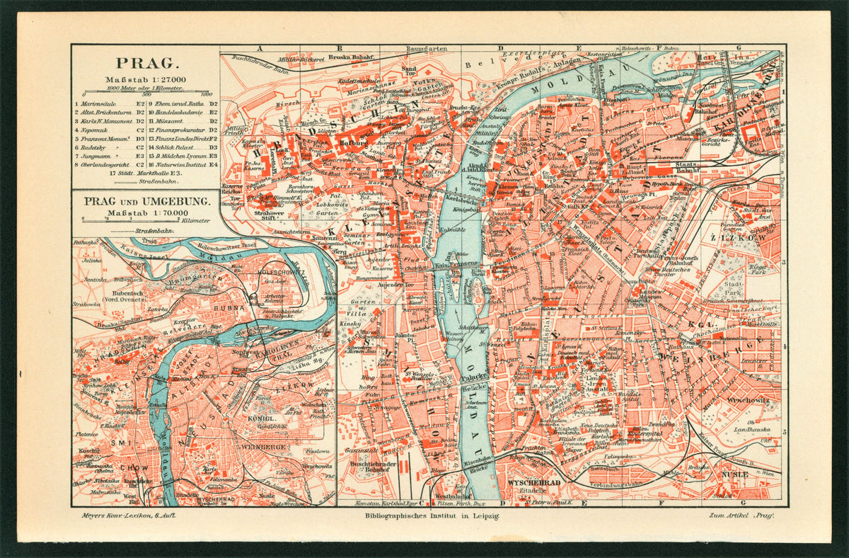 Czechoslovakia, Czech Republic, Prague- Antique Map - Authentic Vintage Antique Print