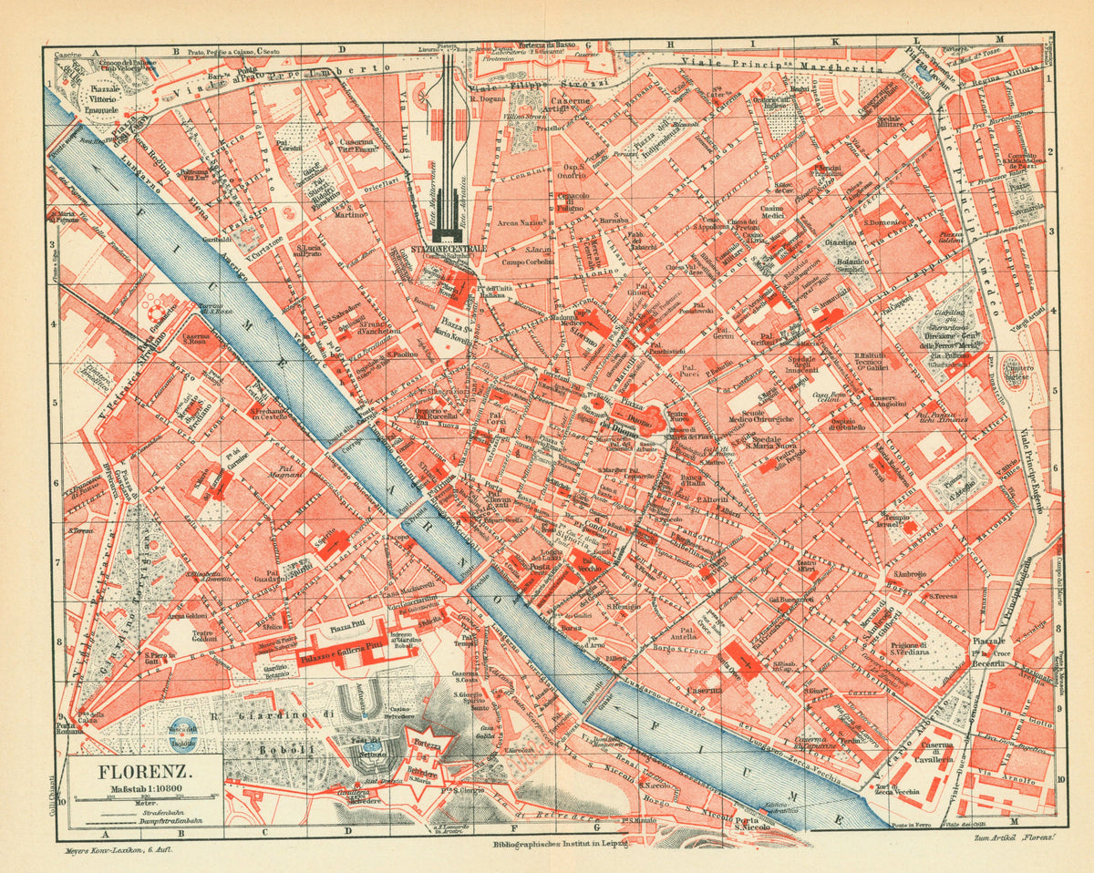 Florence, Italy- Antique Map - Authentic Vintage Antique Print