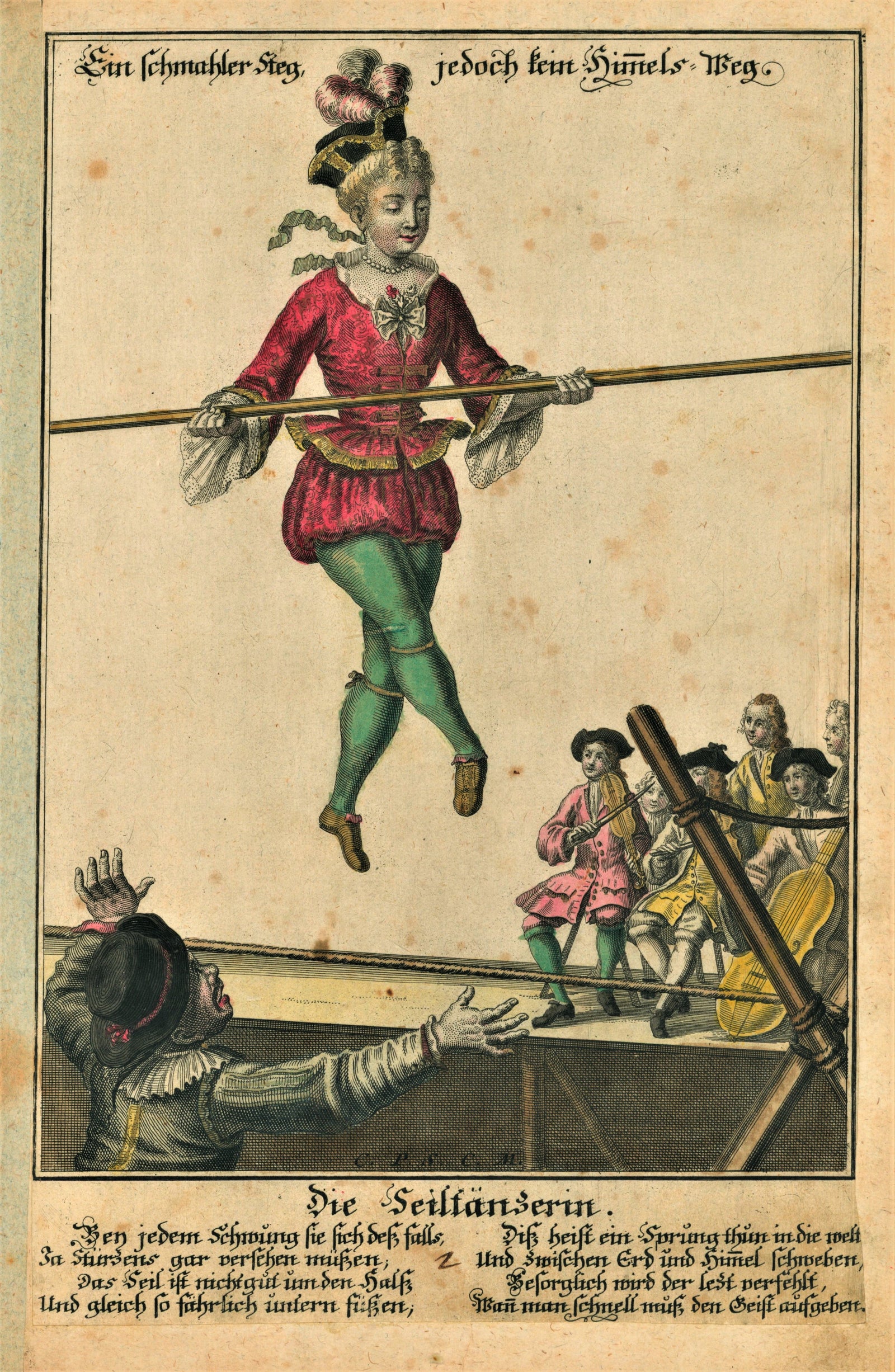 Tight Rope Walker Engraving by Martin Engelbrecht - Authentic Vintage Antique Print