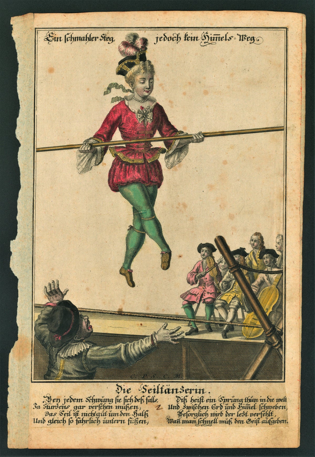 Tight Rope Walker Engraving by Martin Engelbrecht - Authentic Vintage Antique Print