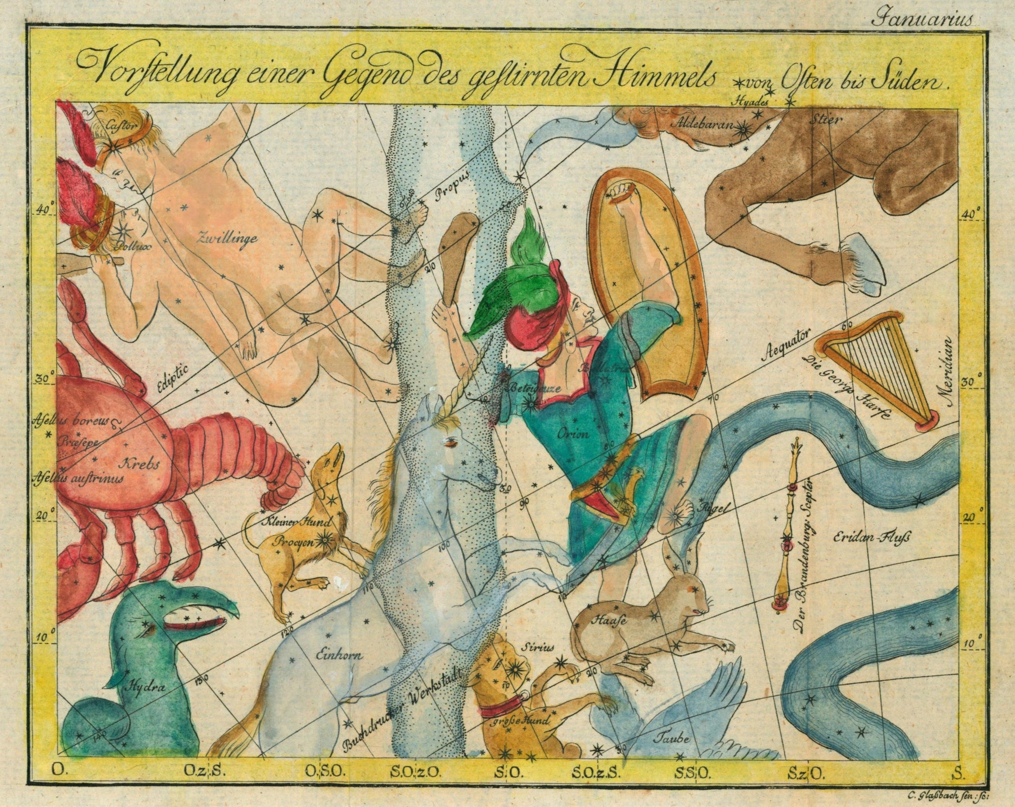 January Celestial Chart, Northern Hemisphere- Hand Colored Engraving - Authentic Vintage Antique Print