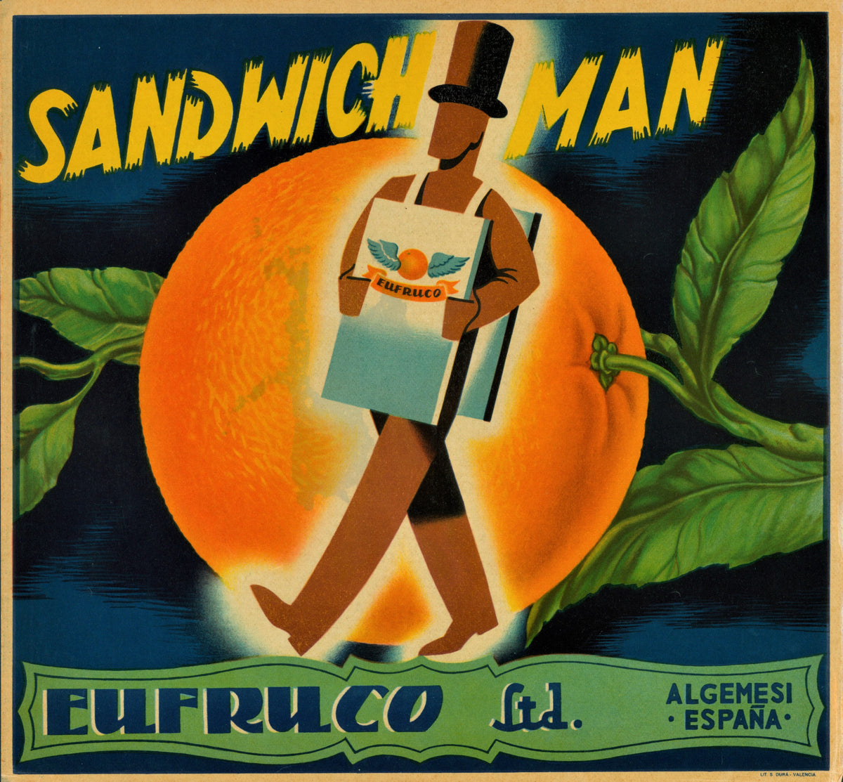 Sandwich Man- Spanish Crate Label - Authentic Vintage Antique Print