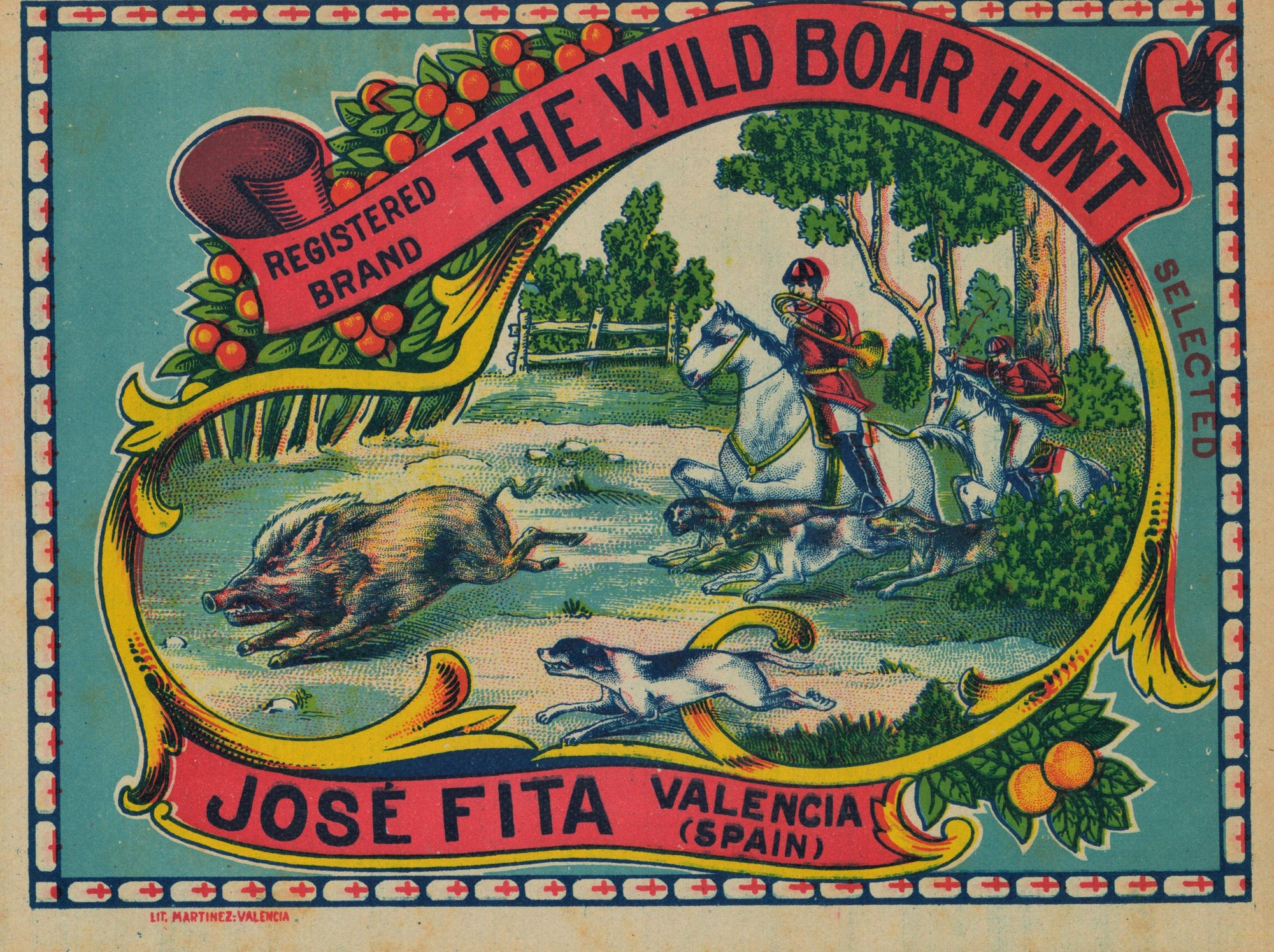 Wild Boar Hunt- Spanish Crate Label - Authentic Vintage Antique Print