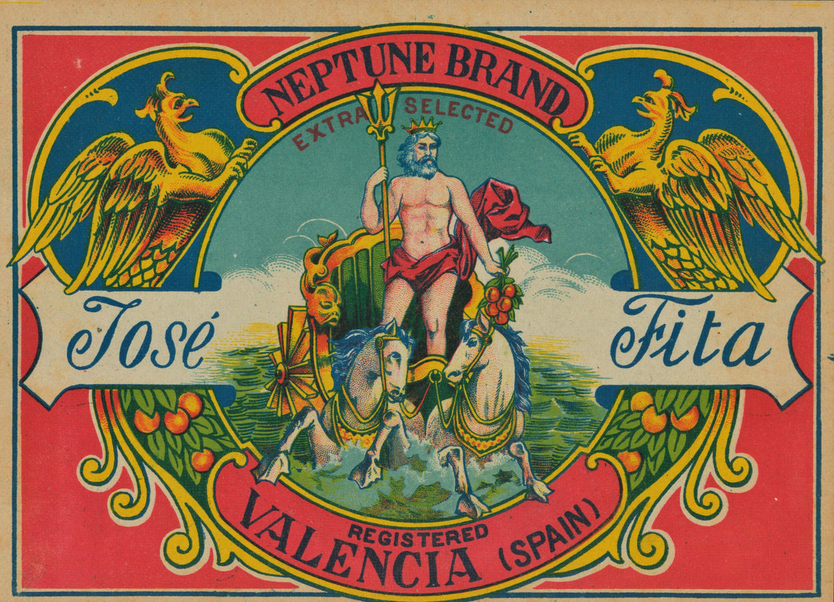 Neptune- Spanish Crate Label - Authentic Vintage Antique Print