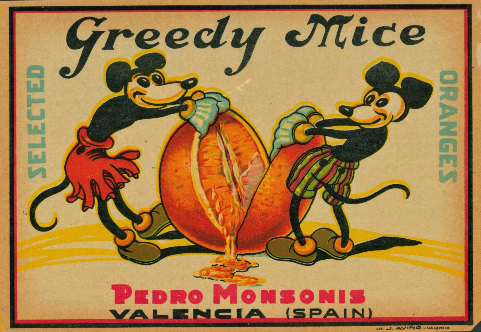Greedy Mice- Spanish Crate Label - Authentic Vintage Antique Print