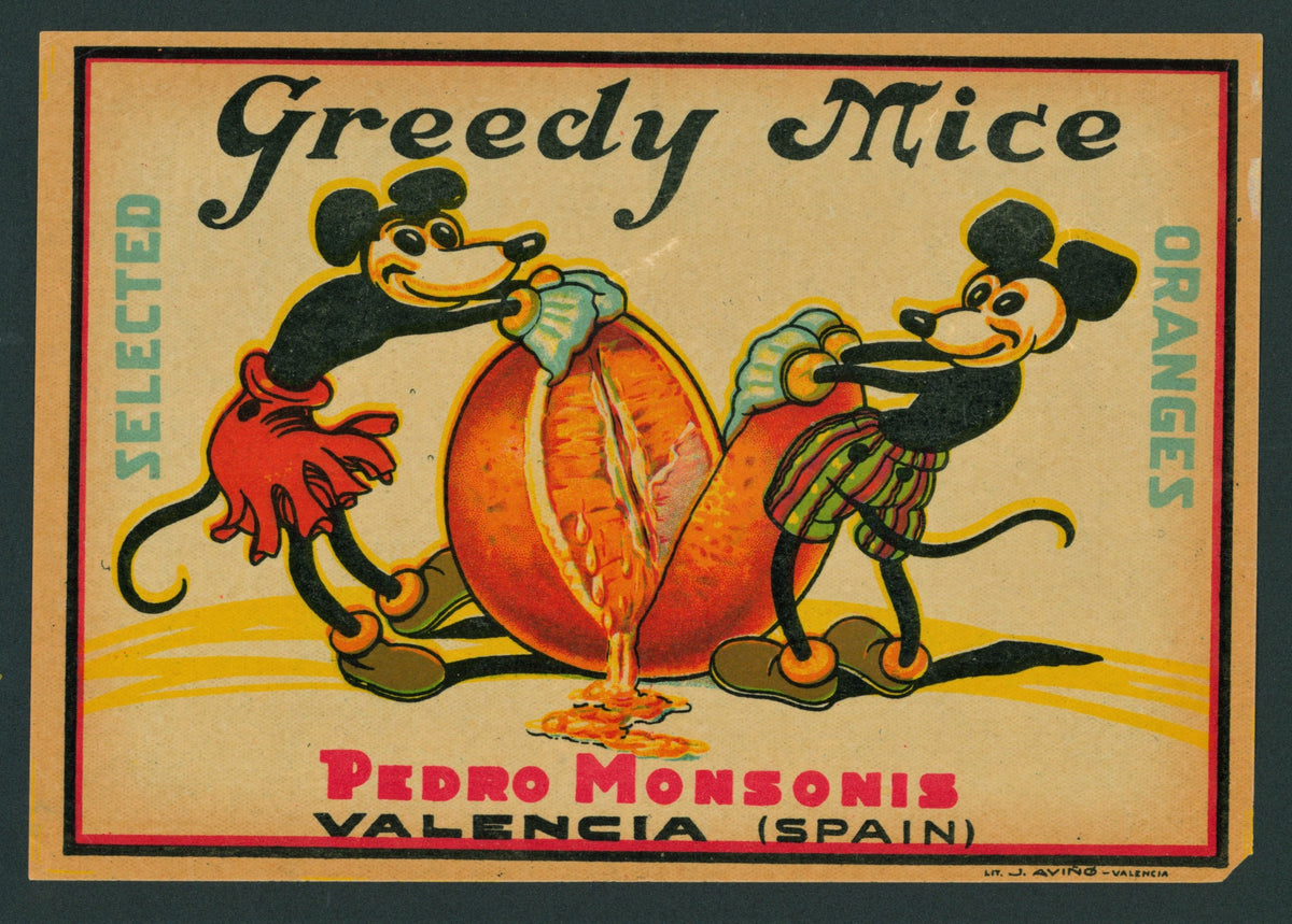 Greedy Mice- Spanish Crate Label - Authentic Vintage Antique Print