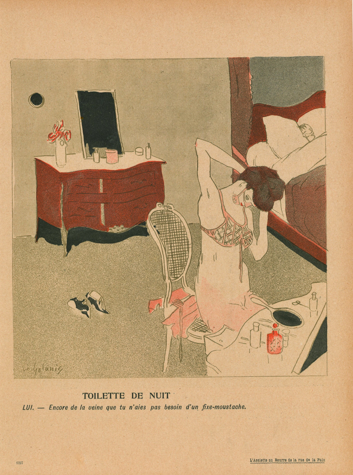 Toilette de Nuit- French Satirical Comic - Authentic Vintage Antique Print