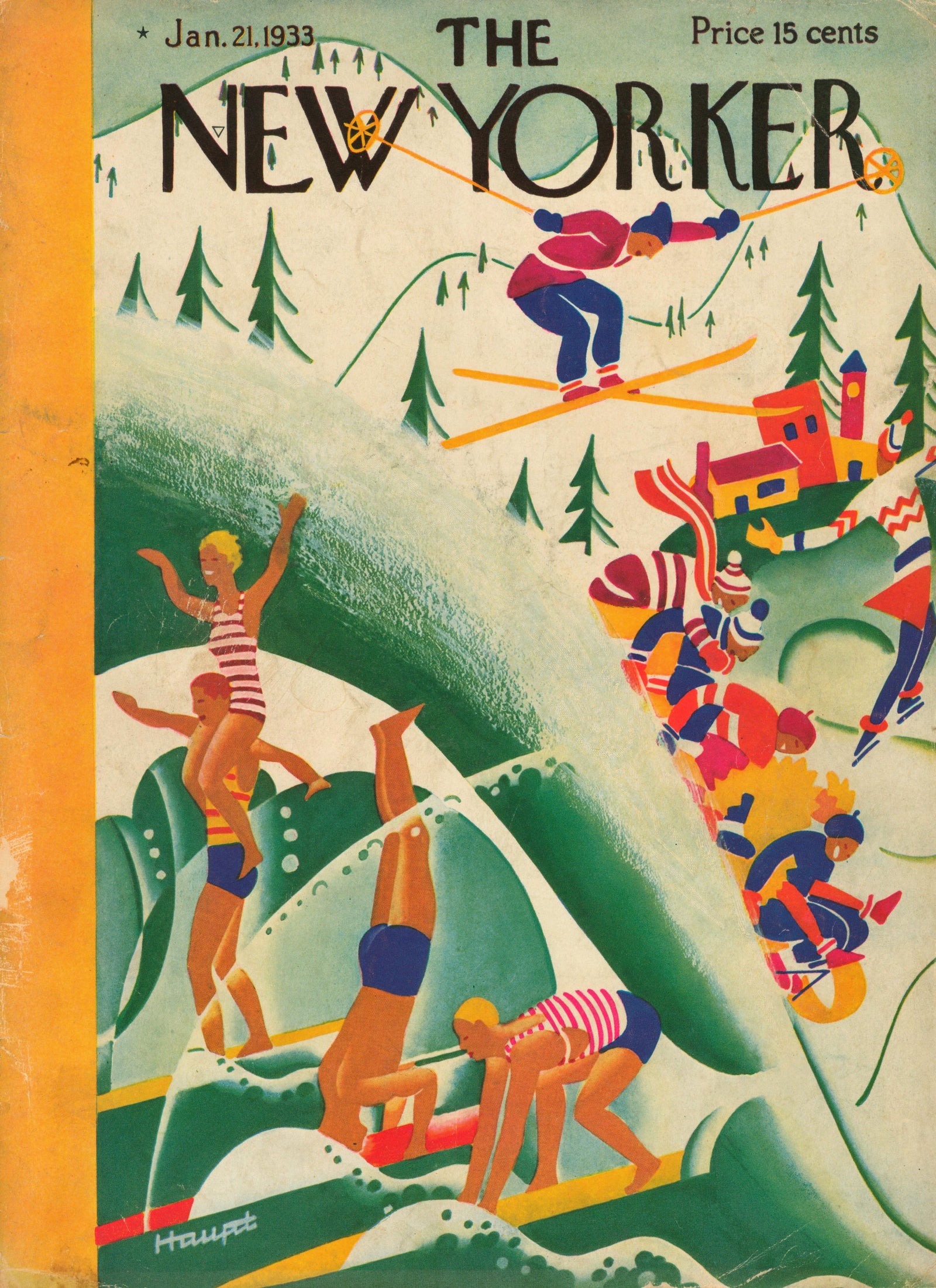 Ski and Surf- The New Yorker - Authentic Vintage Antique Print