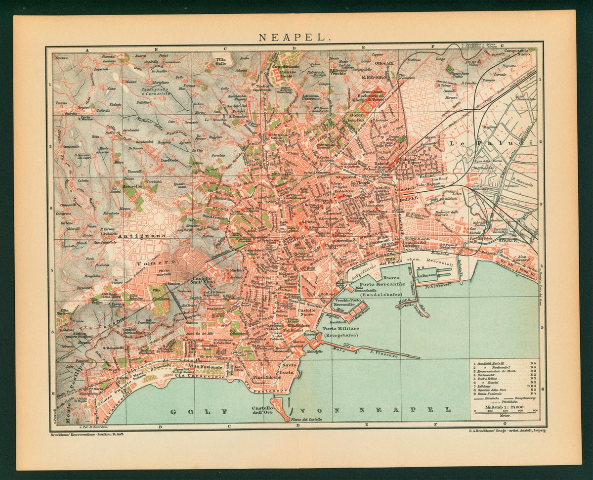 1895 ITALY NAPOLI NAPLES CITY PLAN Antique Map - Authentic Vintage Antique Print