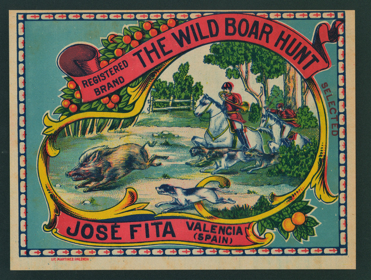 Wild Boar Hunt- Spanish Crate Label - Authentic Vintage Antique Print