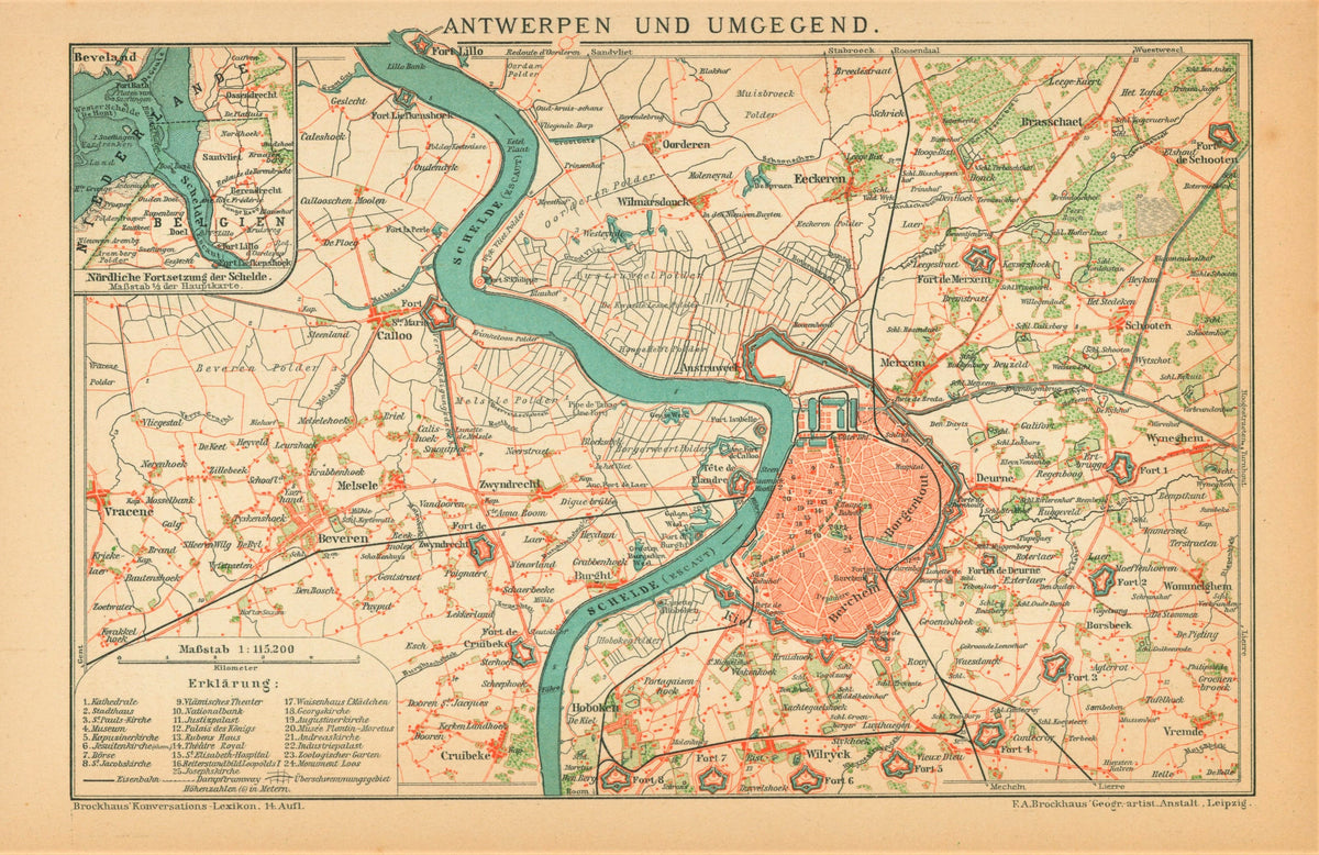 Antwerp, Belgium- Antique Map - Authentic Vintage Antique Print