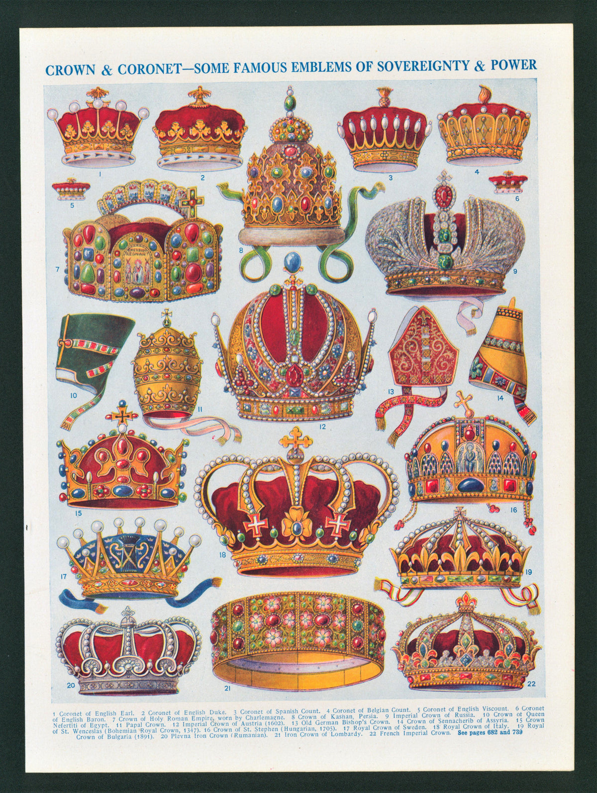Kings &amp; Queens, Crowns- Antique Print - Authentic Vintage Antique Print