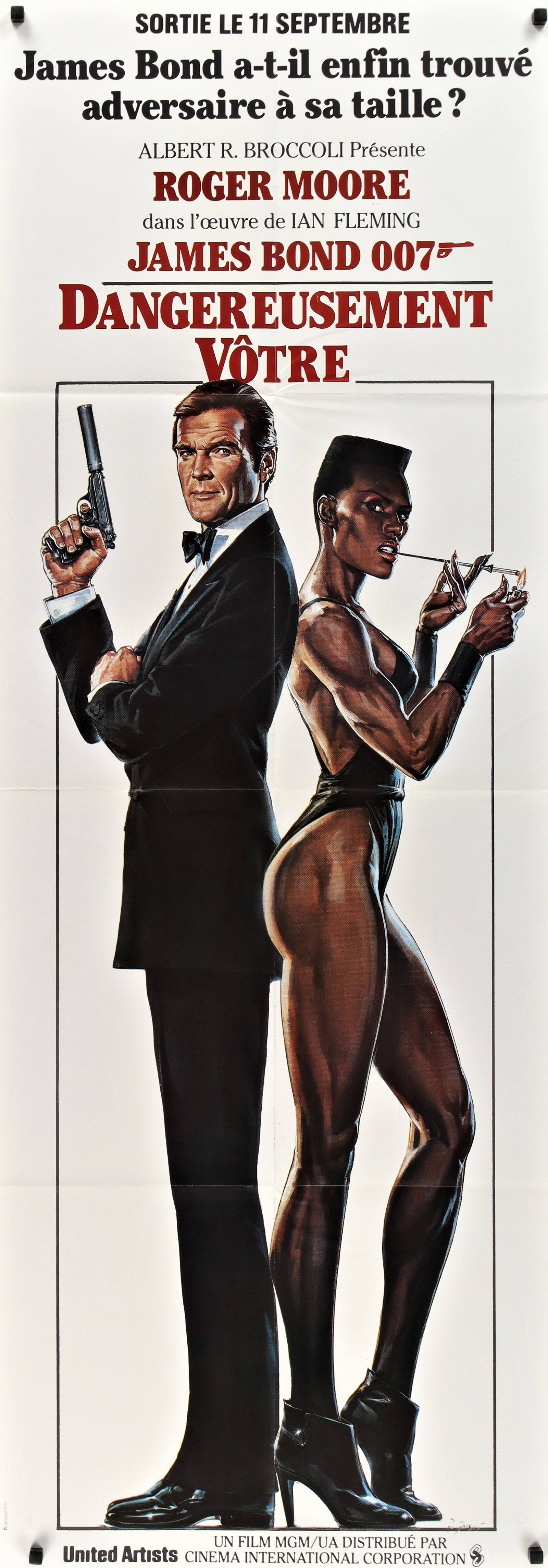 VIEW TO A KILL French door panel 1985 Goozee art of Roger Moore as James Bond & Grace Jones! - Authentic Vintage Poster