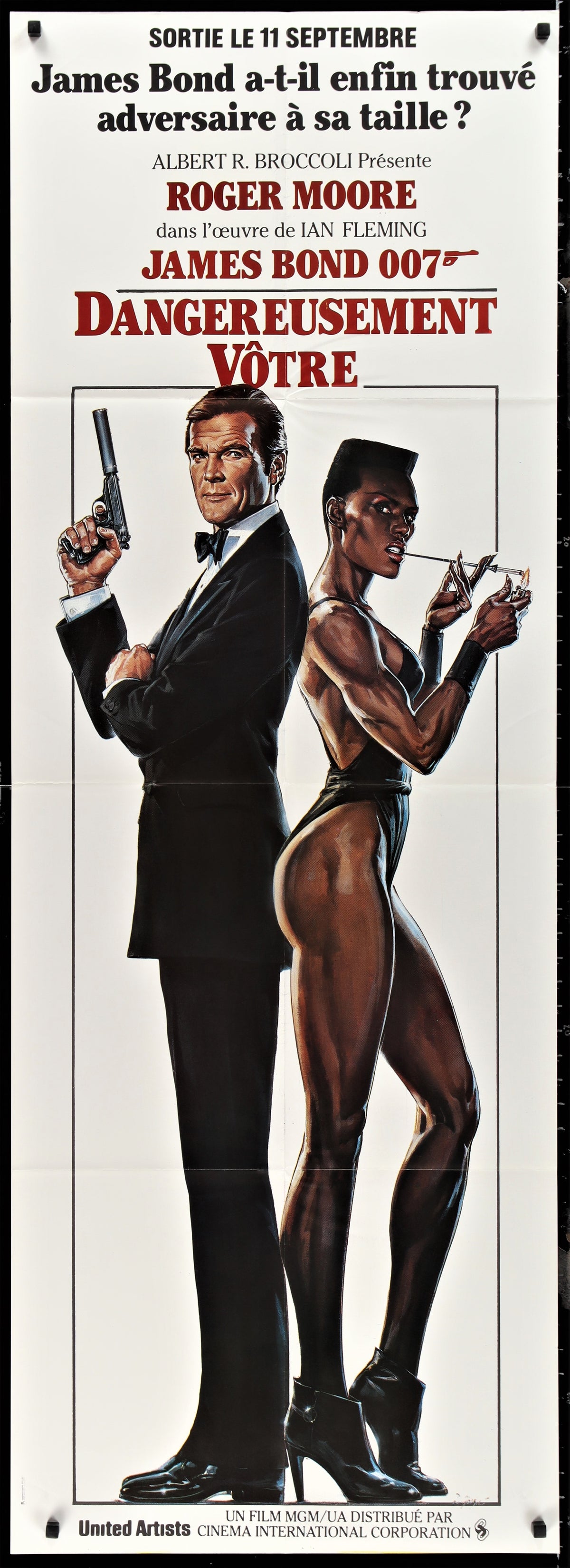 VIEW TO A KILL French door panel 1985 Goozee art of Roger Moore as James Bond &amp; Grace Jones! - Authentic Vintage Poster
