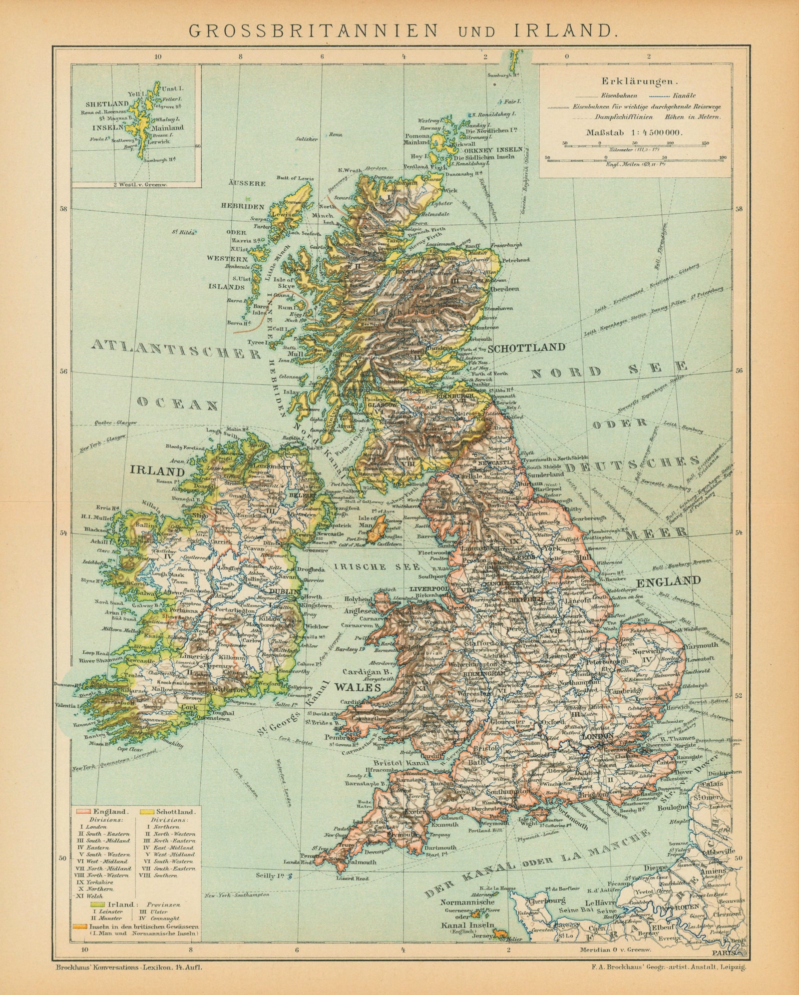 Great Britain, Ireland, Shetland Islands- Antique Map (1895) - Authentic Vintage Antique Print