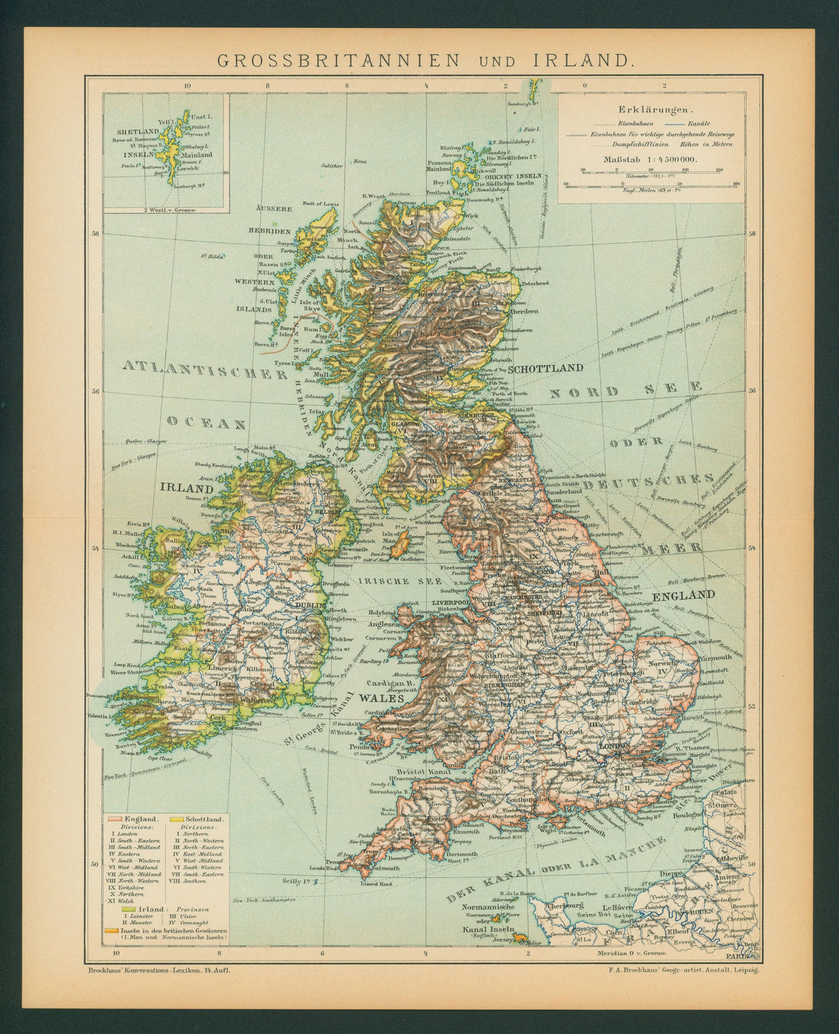Great Britain, Ireland, Shetland Islands- Antique Map (1895) - Authentic Vintage Antique Print