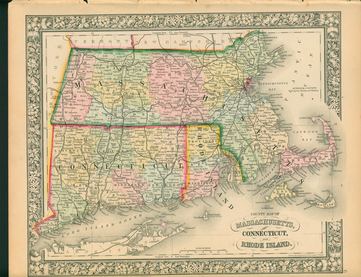 Massachusetts, Connecticut, Rhode Island- Antique Map - Authentic Vintage Antique Print