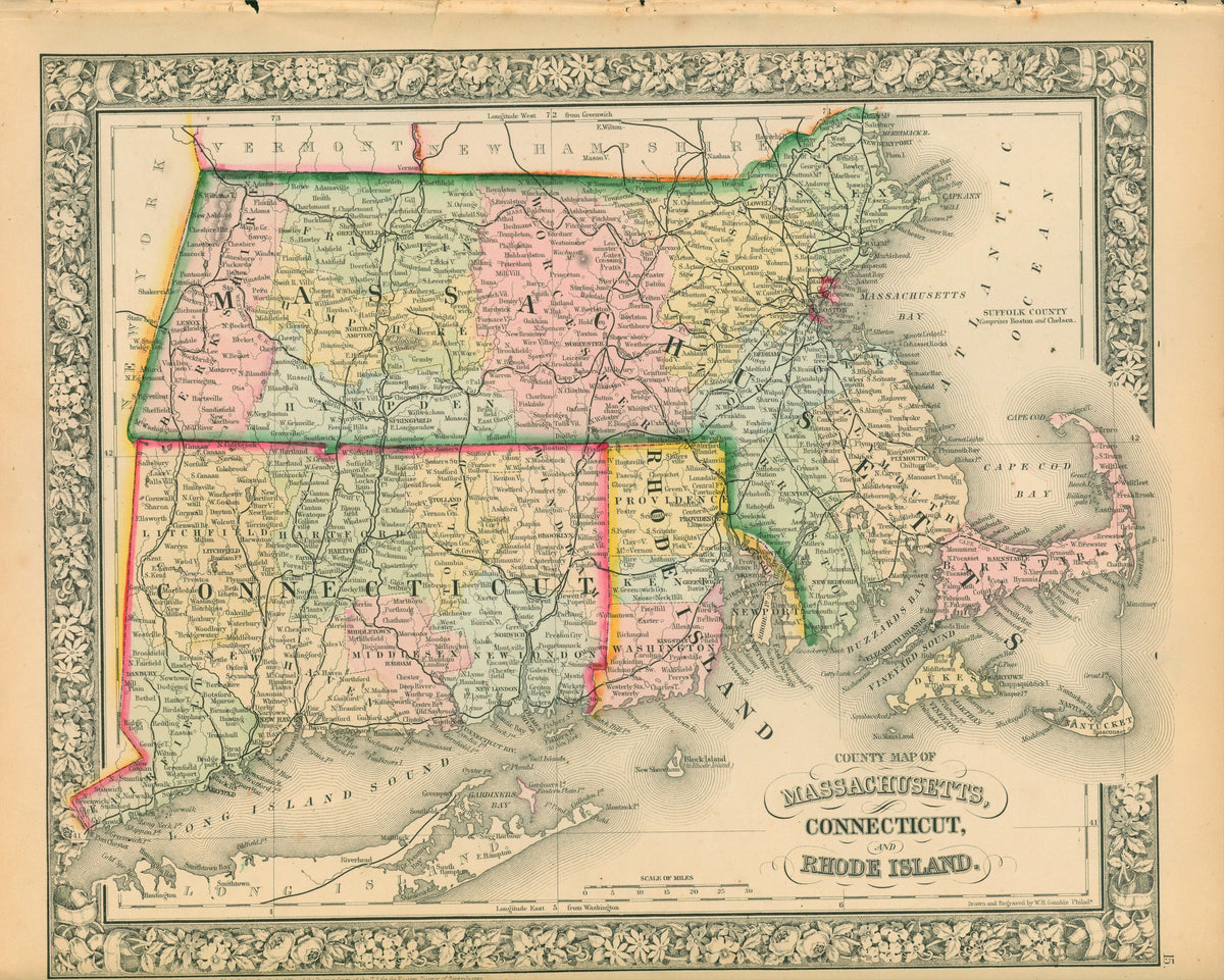 Massachusetts, Connecticut, Rhode Island- Antique Map (1866) - Authentic Vintage Antique Print