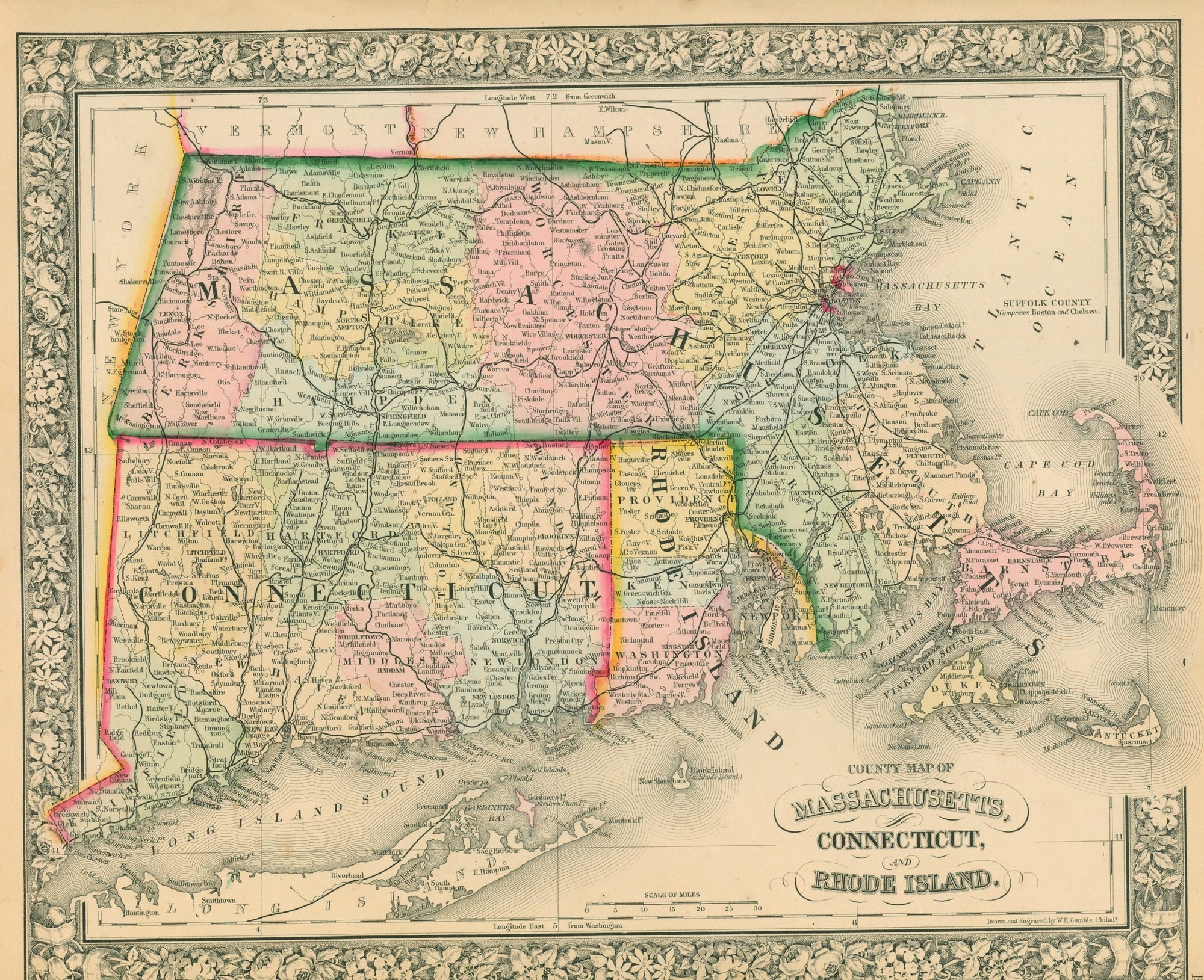 Massachusetts, Connecticut, Rhode Island- Antique Map - Authentic Vintage Antique Print