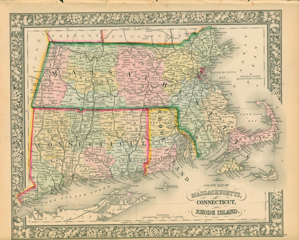 Massachusetts, Connecticut, Rhode Island- Antique Map (1866) - Authentic Vintage Map