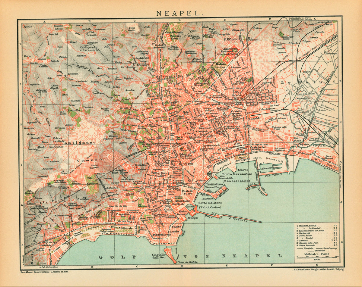 1895 ITALY NAPOLI NAPLES CITY PLAN Antique Map - Authentic Vintage Antique Print
