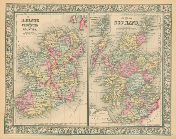 Ireland, Scotland- Antique Map - Authentic Vintage Map