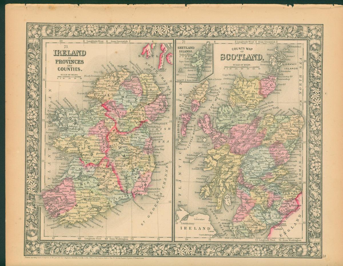 Ireland, Scotland- Antique Map - Authentic Vintage Antique Print