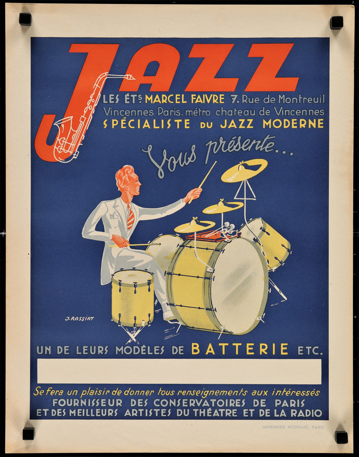 JAZZ LES ETS MARCEL FAIVRE 17x21 French advertising poster 1950s drummer by J. Rassiat! - Authentic Vintage Poster