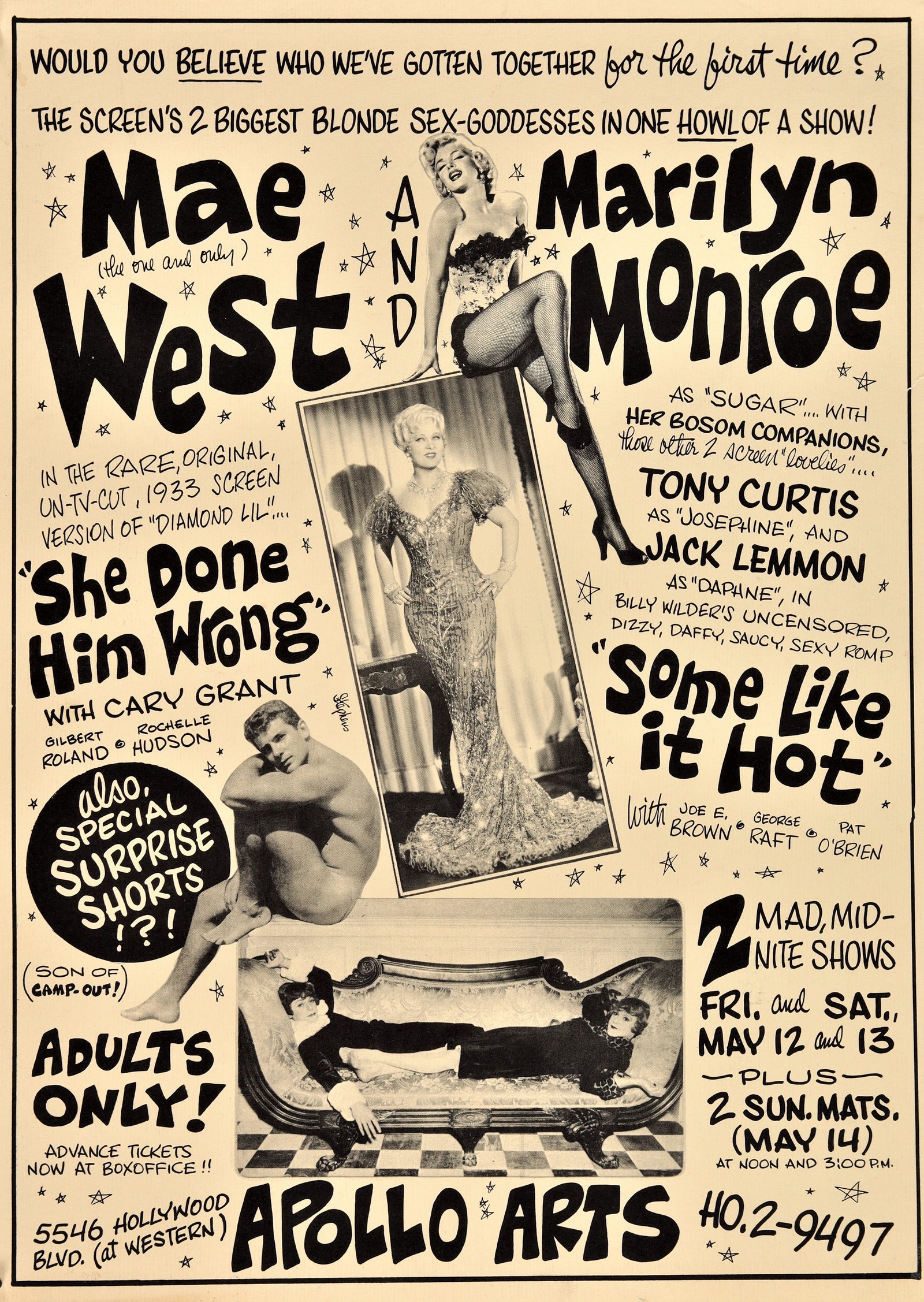 SHE DONE HIM WRONG/SOME LIKE IT HOT 13x17 special poster 1960s Monroe & West, ultra rare! - Authentic Vintage Poster