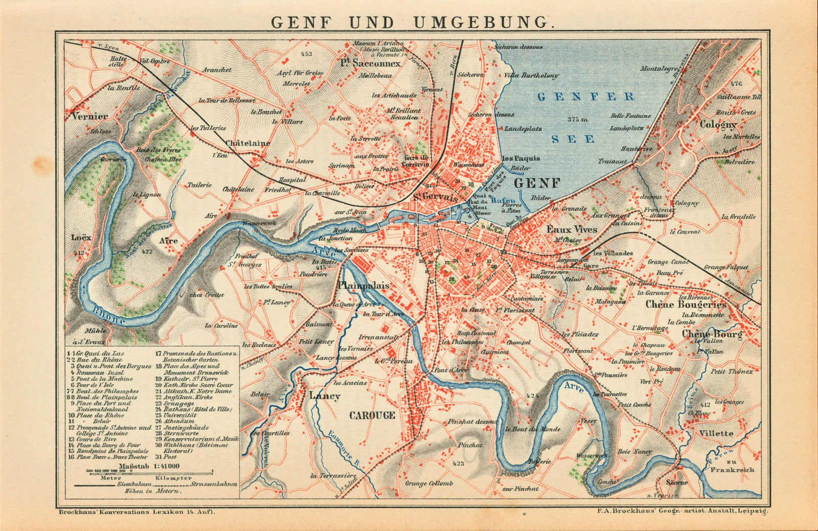 Geneva, Switzerland- Antique Map (1895) - Authentic Vintage Antique Print