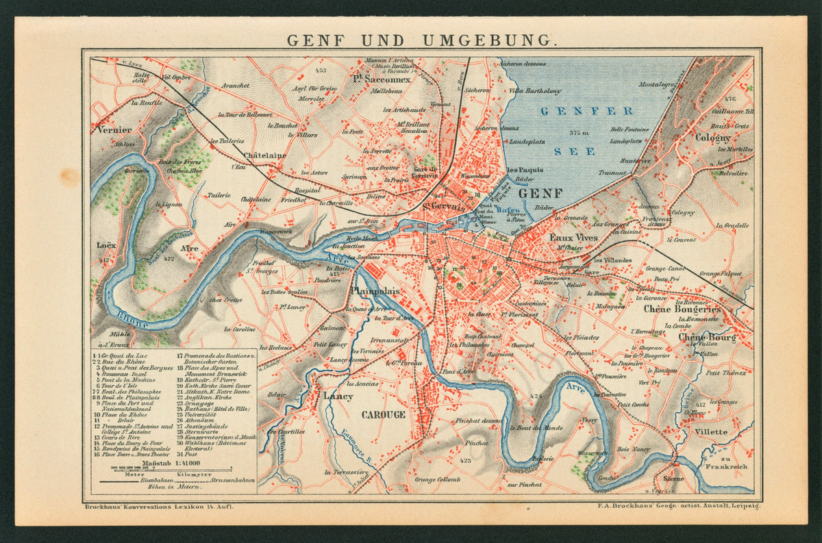 Geneva, Switzerland- Antique Map (1895) - Authentic Vintage Antique Print