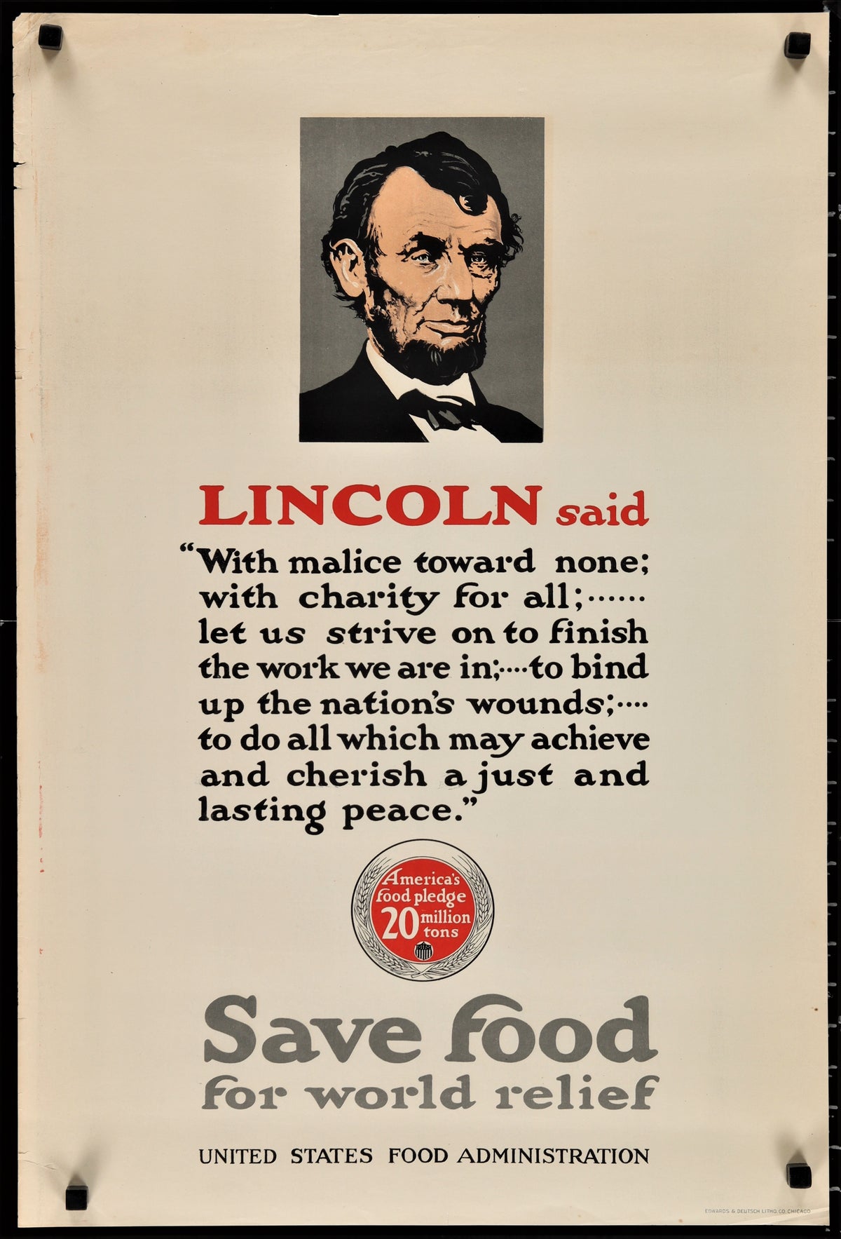 SAVE FOOD FOR WORLD RELIEF 20x30 WWI war poster 1910s President Abraham Lincoln quote! - Authentic Vintage Poster